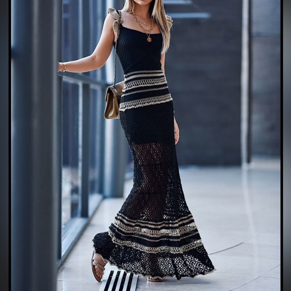 Black and tan open crochet knit, ruffle sleeve maxi dress cover-up size small